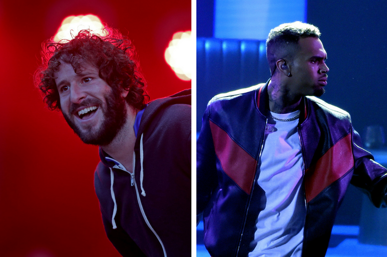 Lil Dicky performs at the Okeechobee Music Festival / Chris Brown performs at the 2017 BET Awards in Los Angeles. Lil Dicky performs at the Okeechobee Music Festival / Chris Brown performs at the 2017 BET Awards in Los Angeles.