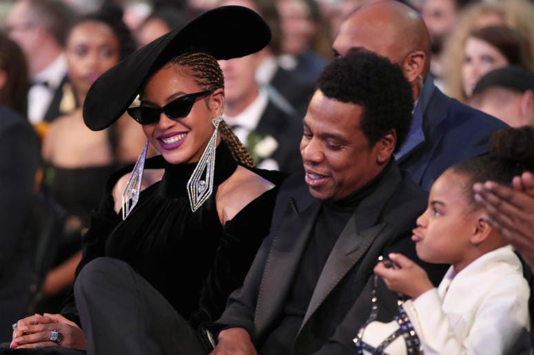 Beyoncé & JAY-Z Recording artist Beyonce, Jay Z and daughter Blue Ivy Carter attend the 60th Annual GRAMMY Awards at Madison Square Garden on January 28, 2018 in New York City.