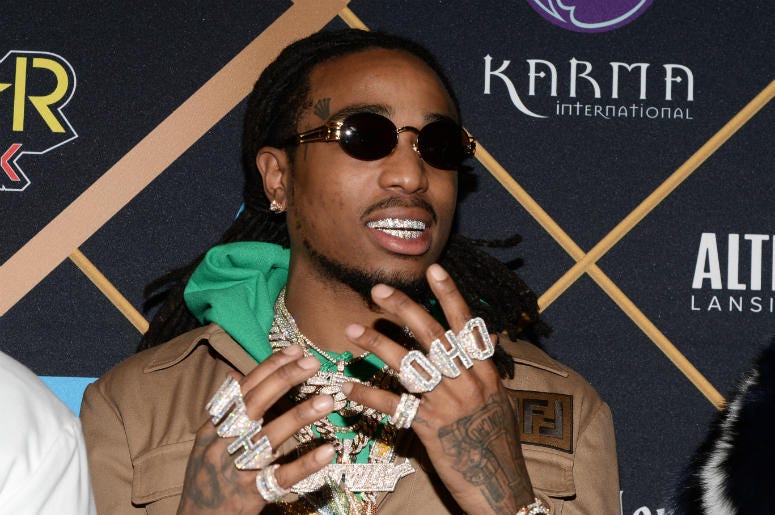 Quavo Quavo of Migos walking on the red carpet at the The 2018 MAXIM Party held at Schaffer-Richardson Building on February 3, 2018 in Minneapolis, Minnesota.