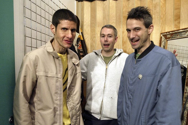 Rappers Michael Diamond 'Mike D', Adam Yauch 'MCA', and Adam Horovitz 'Ad-Rock' of the Beastie Boys pose in the dressing room before taping MTV's Direct Effect April 26, 2004 Rappers Michael Diamond 'Mike D', Adam Yauch 'MCA', and Adam Horovitz 'Ad-Rock' of the Beastie Boys pose in the dressing room before taping MTV's Direct Effect April 26, 2004