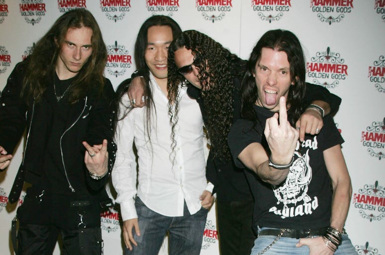 Herman Li, ZP Theart, Sam Totman, Dave Mackintosh, Adrian Lambert and Vadim Pruzhanov of Dragonforce arrive at The Metal Hammer Golden Gods Awards at the The Astoria 13, 2005 in London, England. The annual tongue-in-cheek awards ceremony is organised by M Herman Li, ZP Theart, Sam Totman, Dave Mackintosh, Adrian Lambert and Vadim Pruzhanov of Dragonforce arrive at The Metal Hammer Golden Gods Awards at the The Astoria 13, 2005 in London, England. The annual tongue-in-cheek awards ceremony is organised by M