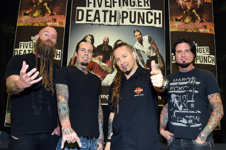Bassist Chris Kael, drummer Jeremy Spencer, and guitarists Zoltan Bathory and Jason Hook of Five Finger Death Punch Bassist Chris Kael, drummer Jeremy Spencer, and guitarists Zoltan Bathory and Jason Hook of Five Finger Death Punch