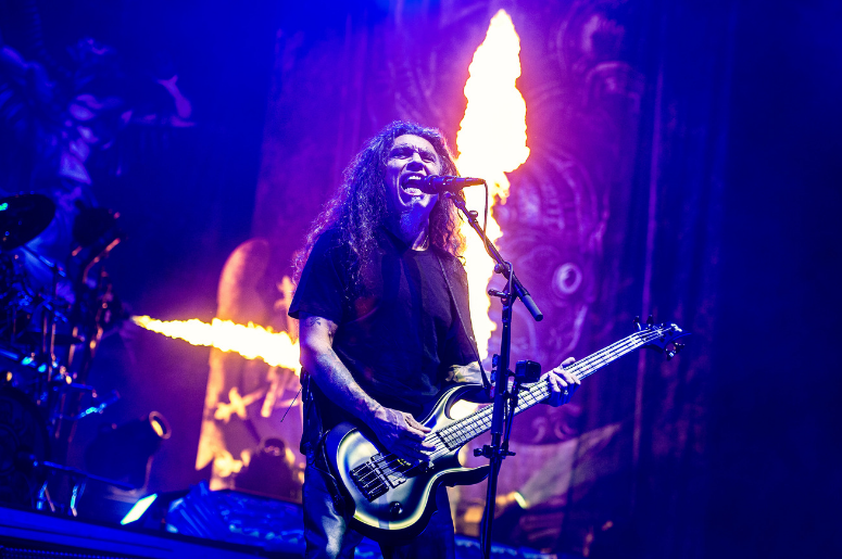 Tom Araya of Slayer performs during the 'Final Tour' on 07 November 2018 at the Arena Birmingham in Birmingham, England Tom Araya of Slayer performs during the 'Final Tour' on 07 November 2018 at the Arena Birmingham in Birmingham, England