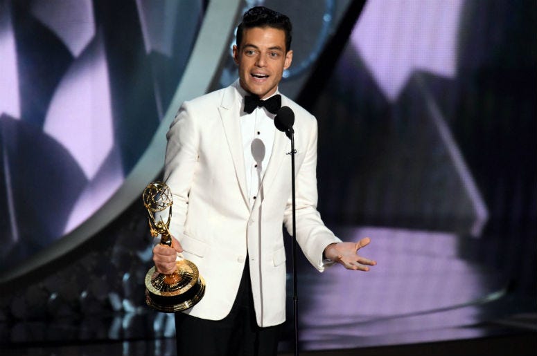 Rami Malek accepts the award for Outstanding Lead Actor In A Drama Series for his role in Mr. Robot during 68th Emmy Awards at the Microsoft Theater Rami Malek accepts the award for Outstanding Lead Actor In A Drama Series for his role in Mr. Robot during 68th Emmy Awards at the Microsoft Theater