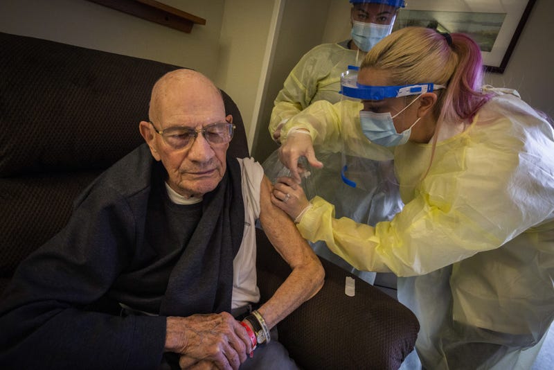 Resident John Kreider receives the COVID-19 vaccination at the New Jersey Veterans Memorial Home at Vineland, Vineland, N.J., Jan.1, 2021. These are the first vaccinations administered at the Vineland Home under the Federal Pharmacy Program.