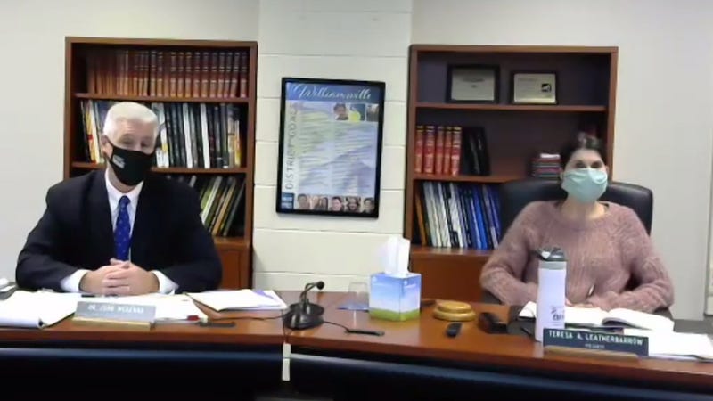 Williamsville Acting Superintendent John McKenna (left) and School Board President Teresa Leatherbarrow (right) answer questions about reopening. October 17, 2020