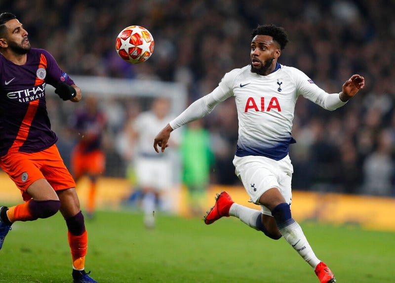 Manchester City's Riyad Mahrez, left, challenges for the ball with Tottenham's Danny Rose during the Champions League, round of 8, first-leg soccer match between Tottenham Hotspur and Manchester City at the Tottenham Hotspur stadium in London, Tuesday, Ap