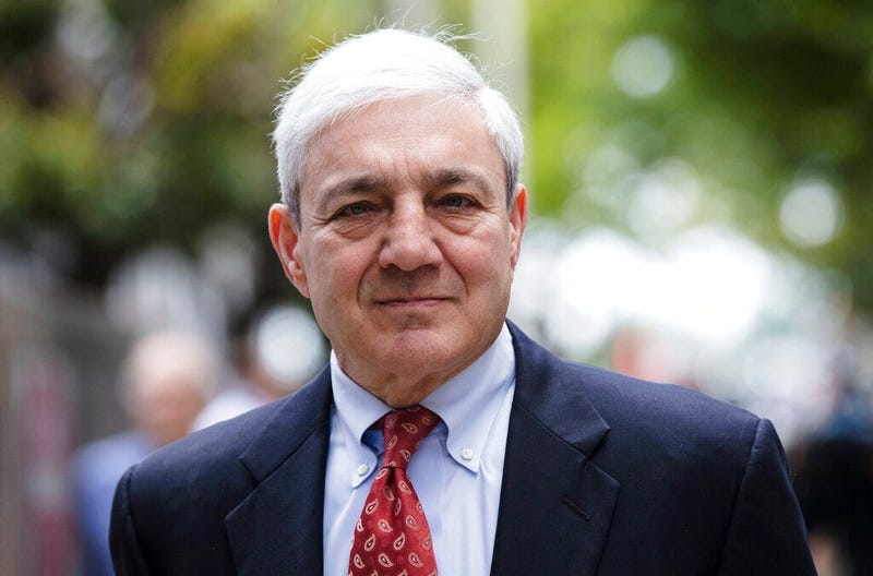 former Penn State President Graham Spanier departs after his sentencing hearing at the Dauphin County Courthouse in Harrisburg, Pa. A federal judge on Tuesday, April 30, 2019 has thrown out Spanier's child-endangerment conviction, less than a day before h