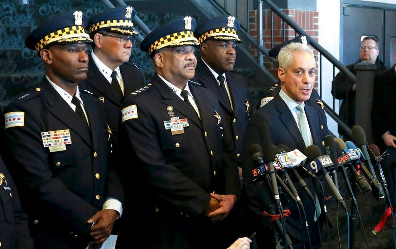 Chicago Mayor Rahm Emanuel, right, and Chicago Police Superintendent Eddie Johnson, center, appear at a news conference Tuesday, March 26, 2019, after prosecutors abruptly dropped all charges against "Empire" actor Jussie Smollett