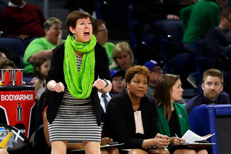 Notre Dame head coach Muffet McGraw yells during the first half of a regional semifinal game against the Texas A&M in the NCAA women's college basketball tournament, Saturday, March 30, 2019, in Chicago.