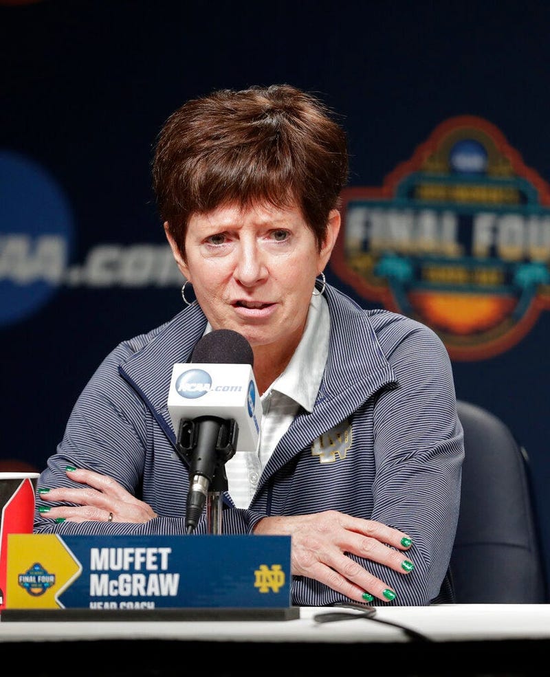 Notre Dame head coach Muffet McGraw answers questions during a news conference at the women's Final Four NCAA college basketball tournament Saturday, April 6, 2019, in Tampa, Fla. Notre Dame will play Baylor on Sunday for the national championship.