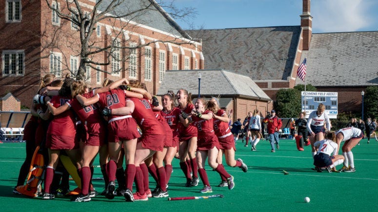 The Saint Joseph's University field hockey team celebrating.