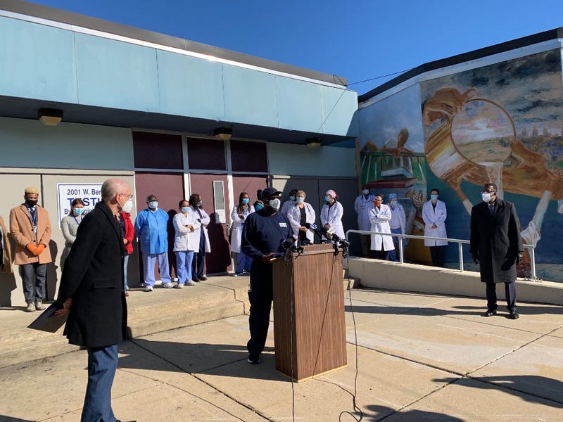 Charles Seawright speaks after getting his vaccine at Health Center 5