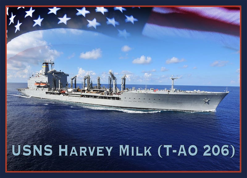 A photo illustration announcing that Military Sealift Command fleet oiler, T-AO 206, will be named USNS Harvey Milk.