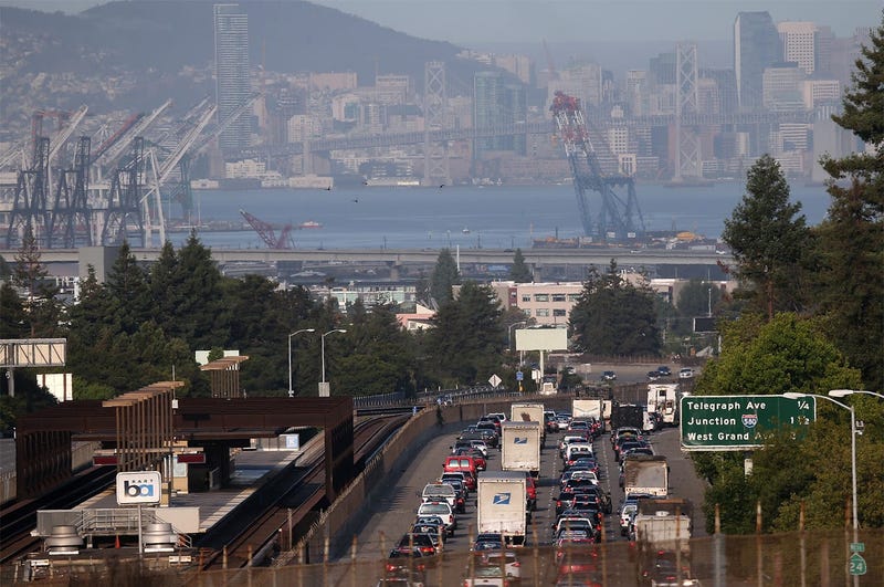 OAKLAND, CA - JULY 01: Traffic backs up on westbound highway 24 next to a Bay Area Rapid Transit (BART) station July 1, 2013 in Oakland, California. (Photo by Justin Sullivan/Getty Images)