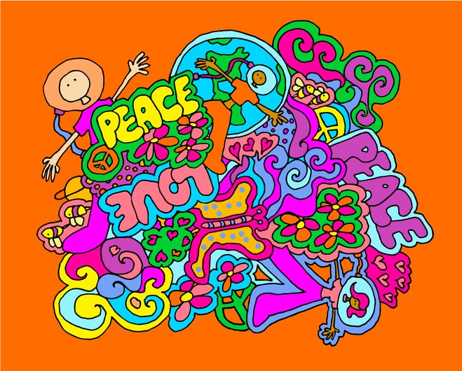 Groovy illustration with peace signs in neon colors