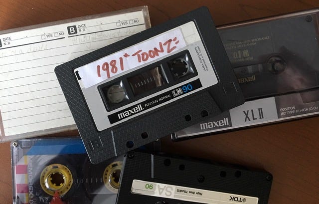 bunch of cassette tapes, one says "1981 Toonz"