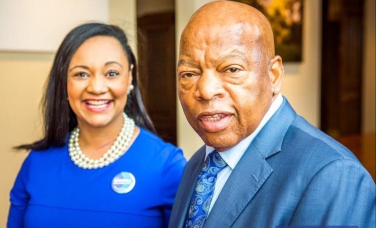 Georgia Democratic Party Chair Sen. Nikema Williams (l) will replace Rep John Lewis (r) on the ballot in November following his death