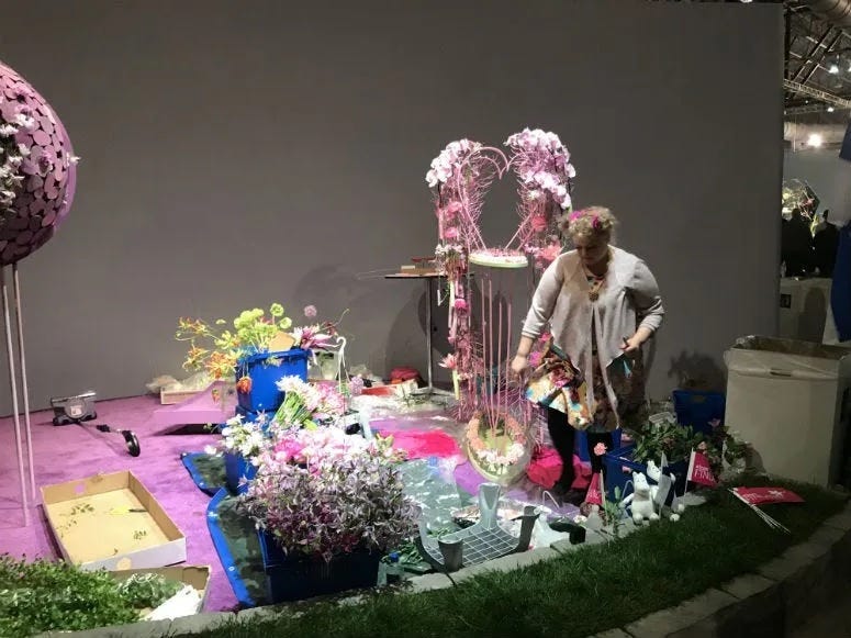 Preparation for a past Philadelphia Flower Show at the Pennsylvania Convention Center.