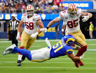 Los Angeles Rams holder Johnny Hekker (6) celebrates with teammates after kicker Matt Gay kicked the game-winning field goal against the Tampa Bay Buccaneers during the final seconds of an NFL divisional round playoff football game, Sunday, Jan. 23, 2022, in Tampa, Fla.