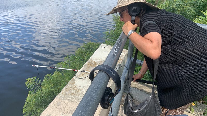 Artist Liz Campbell along the Schuylkill River at part of the Academy of Natural Sciences at Drexel University’s “Watershed Moment” walking art exhibition.