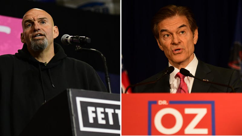 Democratic Pennsylvania Senate John Fetterman at a rally on Sept. 11, 2022 at Montgomery County Community College in Blue Bell, Pennsylvania; Republican U.S. Senate candidate Dr. Mehmet Oz at a press conference on Sept. 6, 2022 in Philadelphia.