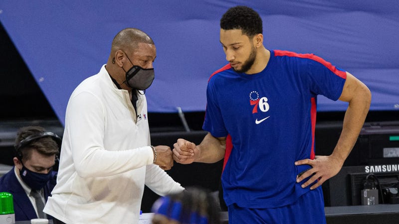 Philadelphia 76ers guard Ben Simmons fist bumps head coach Doc Rivers