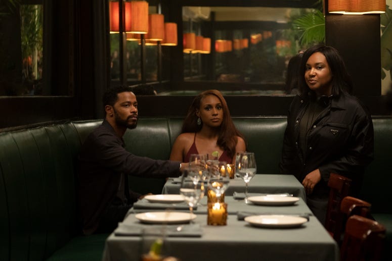 (from left) LaKeith Stanfield, Issa Rae and writer/director Stella Meghie on the set of