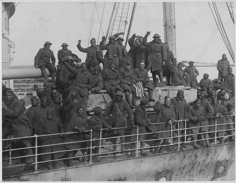 War Department. New York's 369th Infantry (formerly the 15th Infantry) of African American troops arrive back home at Hoboken, New Jersey. According to the original caption, "they are the only regiment which never had one of their men captured and never l