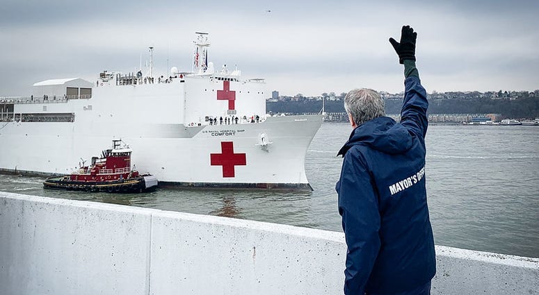 Mayor de Blasio with USNS Comfort