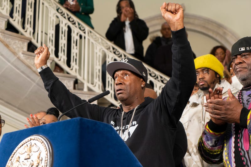 Grandmaster Flash speaking at City Hall to announce hip hop anniversary events.