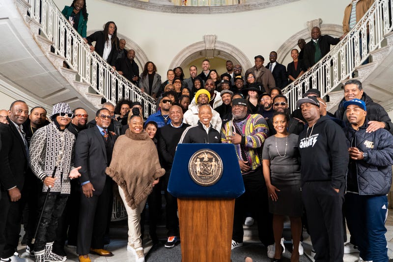 Mayor Eric Adams is joined by hip hop legends at City Hall to announce 50th anniversary celebrations.