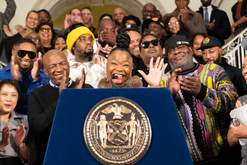 Roxanne Shanté speaking at City Hall to announce hip hop 50th anniversary events.