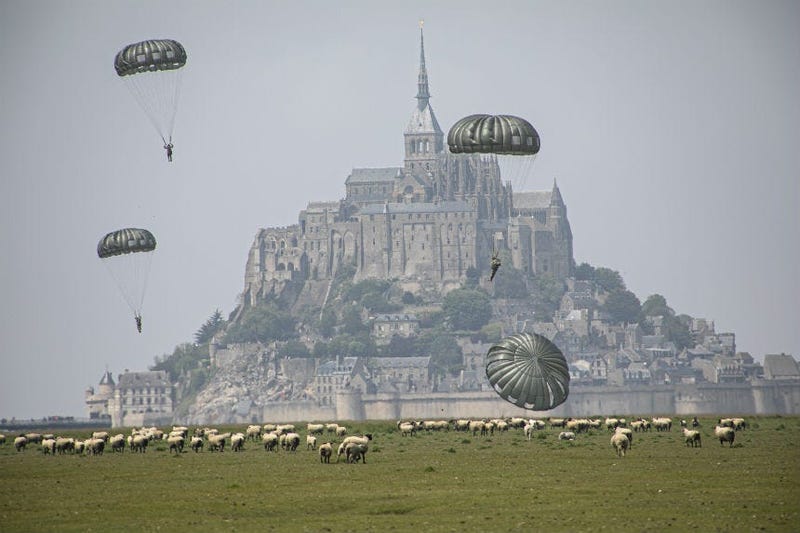 U.S Army Special Forces commemorate WWII with jump into Mont Saint-Michel, Normandy, France.