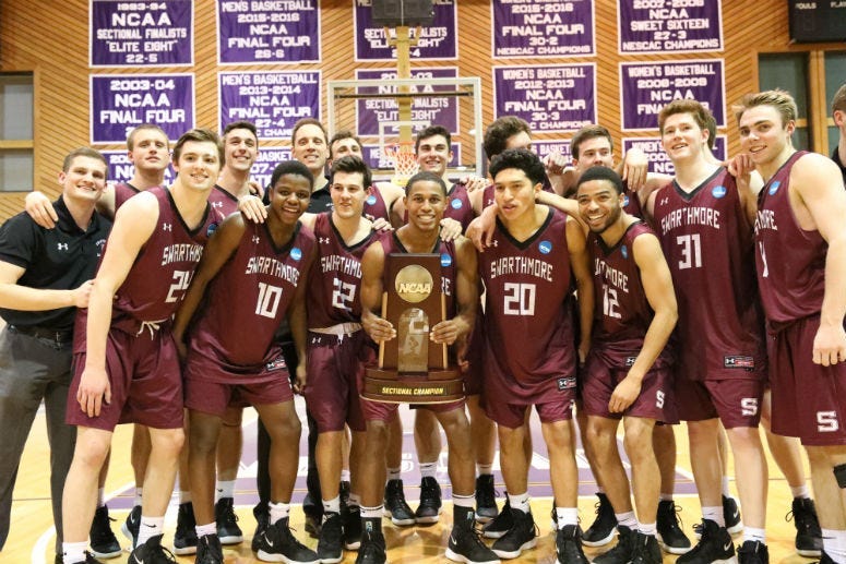 The Swarthmore College men's basketball team celebrates after reaching the NCAA Division III Final Four.