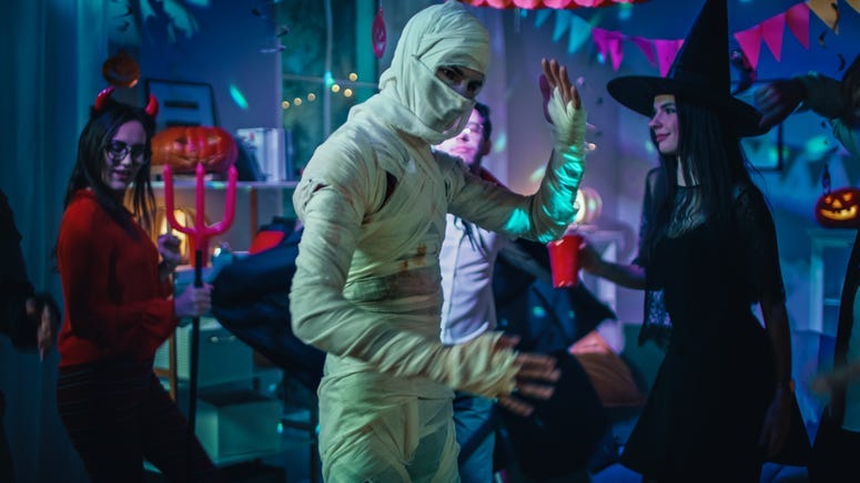 Mummy, Zombie, Devil, Witch in a room