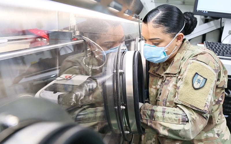 U.S. Army Spc. Crystal Gonzales conducts COVID-19 testing