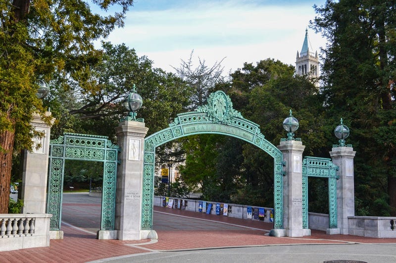 Sather Gate entrance to the University of California, Berkeley. The UC Berkeley campus is located in Berkeley, CA, just outside of San Francisco.