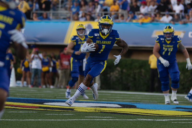 Delaware WR Thyrick Pitts had six catches including a touchdown in the season opening win over Delaware State.