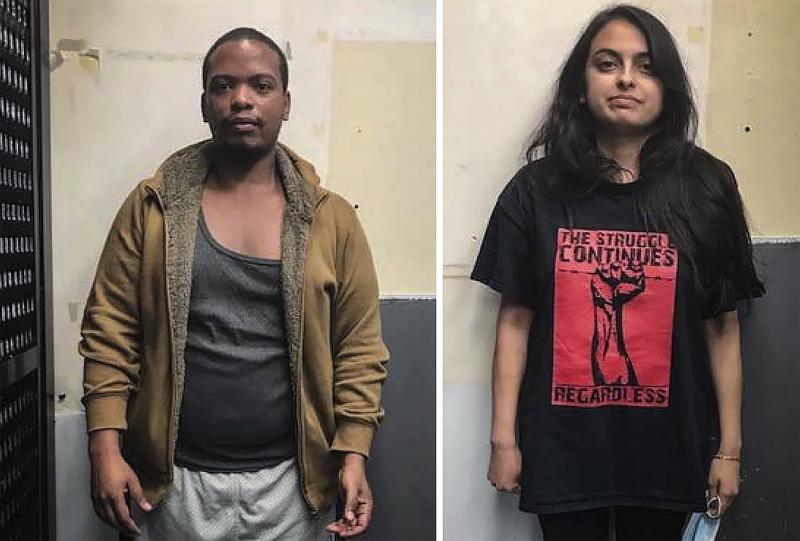 This May 30, 2020 combination of booking photos provided by the United States Attorney's Office of the Eastern District of New York shows Colinford Mattis, left, and Urooj Rahman, both Brooklyn attorneys. Both have pleaded guilty to charges they torched an empty New York City police vehicle last year amid the unrest over the police killing of George Floyd, Wednesday, Oct. 20, 2021.