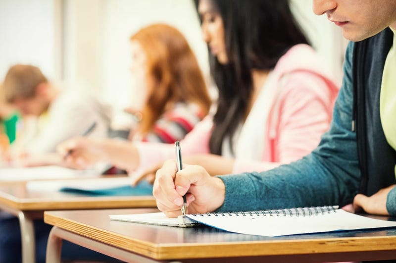 Young students writing notes in classroom