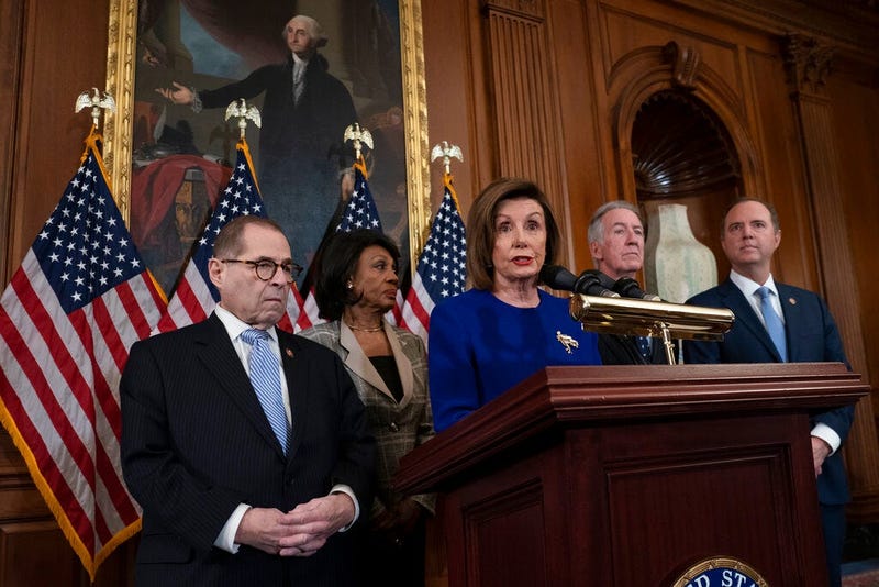 Speaker of the House Nancy Pelosi, D-Calif., joined from left by House Judiciary Committee Chairman Jerrold Nadler, D-N.Y., House Financial Services Committee Chairwoman Maxine Waters, D-Calif., House Ways and Means Committee Chairman Richard Neal, D-Mass