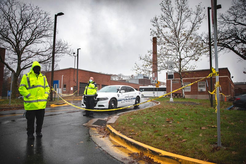 Veterans Affairs Police guard the entrance to a maintenance facility after an apparent steam explosion in a maintenance building at a Veterans Affairs hospital in West Haven, Conn., Friday