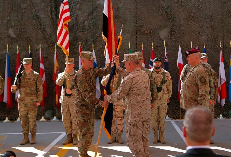 In this Sept. 14, 2019, file photo U.S. Army Lt. Gen. Pat White, III Armored Corps Commanding General, center left, and Commanding General for U.S. Central Command Gen. Kenneth F. McKenzie Jr. center right