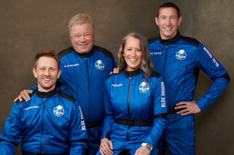 This undated photo made available by Blue Origin in October 2021 shows, from left, Chris Boshuizen, William Shatner, Audrey Powers and Glen de Vries