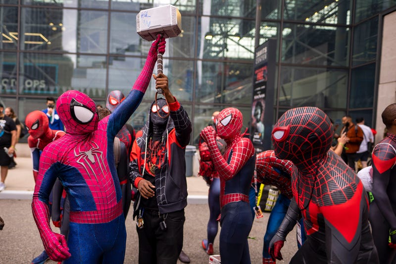 Attendees dressed as Spider-Man gather during New York Comic Con at the Jacob K. Javits Convention Center on Saturday, Oct. 9, 2021, in New York.