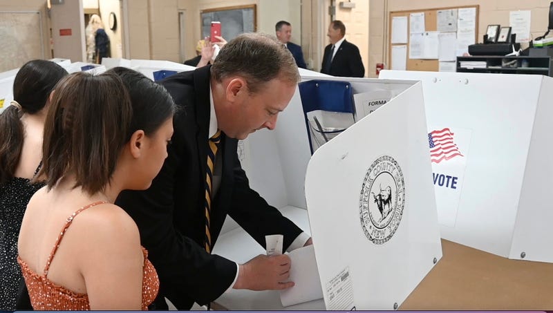 Republican candidate for governor and U.S. Rep. Lee Zeldin casts his vote for governor at the Mastic Beach firehouse on Tuesday, June. 28, 2022 in Mastic Beach, N.Y