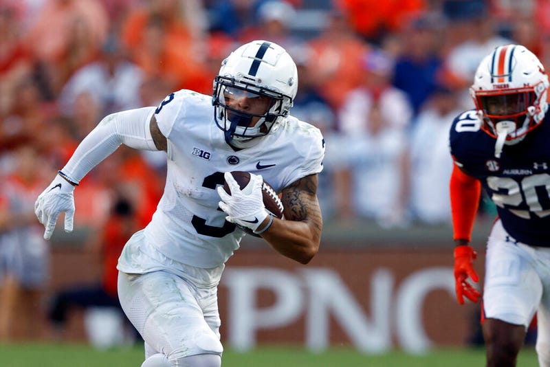 Penn State wide receiver Parker Washington (3) caries the ball against Auburn during the second half of an NCAA college football game, Saturday, Sept. 17, 2022, in Auburn, Ala.