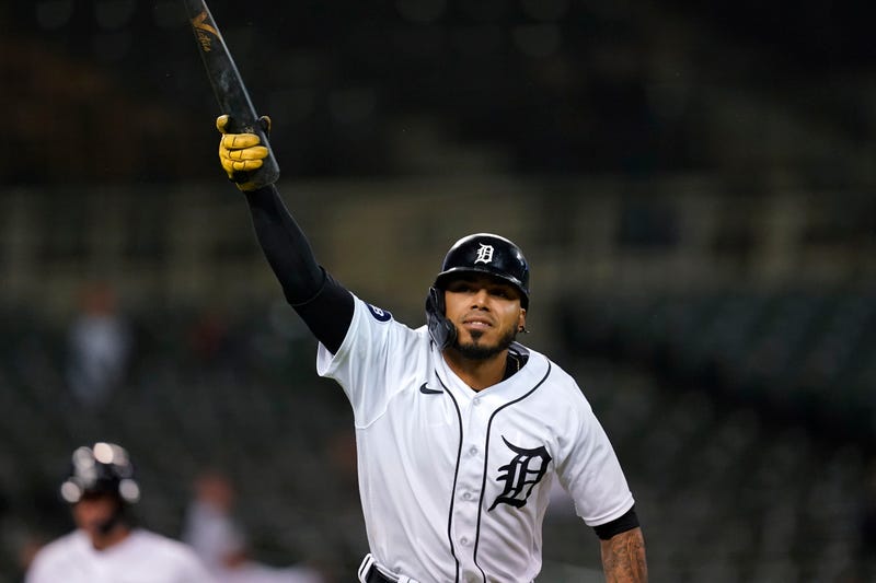 Detroit Tigers' Harold Castro celebrates hitting the game winning single against the Kansas City Royals