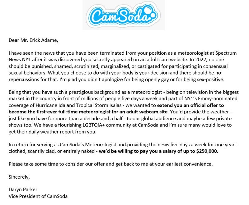 CamSoda offer letter to Adame